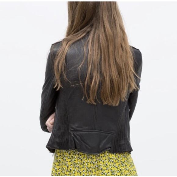 ZARA Trafaluc Authentic Leather Black Moto Biker Jacket S Retro Classic Cropped - Picture 3 of 16